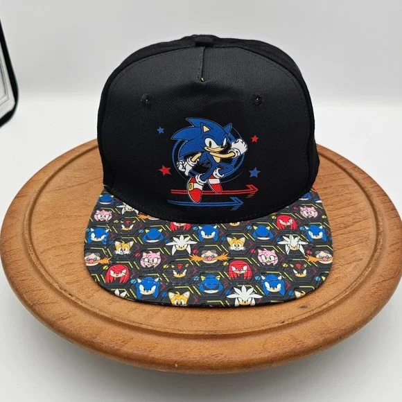 Sonic the Hedgehog SEGA Snapback Hat Character Collage Brim Black Blue Gamer Cap - Picture 1 of 9
